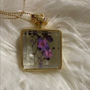 Gold Square Pendant with Purple driedFlowers